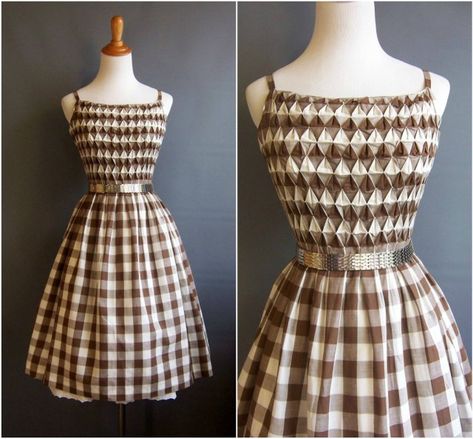 Dress With Smocking, Smocked Dress Outfit, Modern Smocking, 50s Sundress, Brown Vintage Dress, 1950s Sundress, Geometric Smocking, Smocking Fashion, Smocking Dress