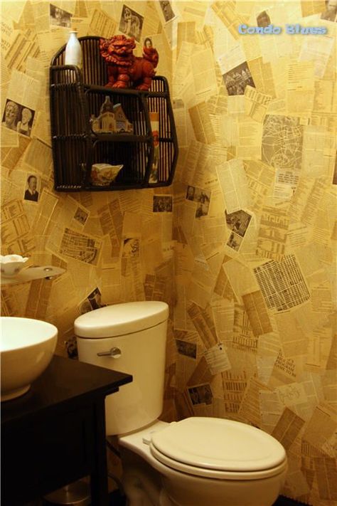 Modge Podge Bathroom Walls, Mod Podge Wallpaper, Modge Podge Wall Art, Modge Podge Wallpaper, Mod Podge Wall Art, Decoupage Bathroom, Decoupage Walls, Decoupage Wallpaper, Kids Hideout