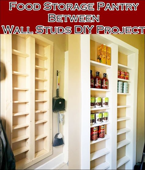 Food Storage Pantry Between Wall Studs DIY Project Homesteading  - The Homestead Survival .Com     "Please Share This Pin" Diy Storage Pantry, Wall Organizer Diy, Diy Food Storage, Kitchen Wall Organizer, Between Studs, Wall Storage Diy, Food Storage Pantry, Organize Ideas, Organize Life