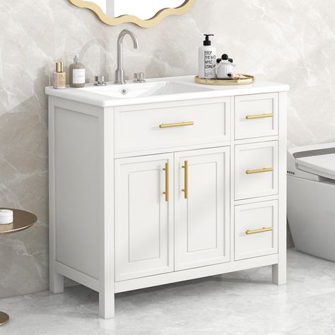 PRICES MAY VARY. Wood Bathroom Vanity:This Wood Bathroom Vanity is made of solid wood and MDF to ensure a long-lasting product. In addition, the surface of this bathroom cabinet is made of eco-friendly paint. It is waterproof, stain resistant and very easy to clean. Bathroom Vanity with Doors & Drawers: Considering the humid environment in bathroom, this bathroom vanity has ample enclosed storage spaces: one cabinet with two doors and three drawers with slide rails. You can put soaps, towels, sh 36 Inch Bathroom Vanity, 36 Bathroom Vanity, Bathroom Vanity With Sink, Vanity With Sink, Bathroom Vanity Cabinet, Sink Top, Bathroom Top, White Sink, Bathroom Storage Cabinet