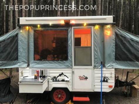 Pop Up Camper Remodel - Super cute interior and exterior remodel. Such a cute little glamper. Small Pop Up Camper Remodel, Small Pop Up Campers, Pop Up Camper Remodel, Camper Remodel Ideas, Tent Trailer Remodel, Small Camper Interior, Pop Up Princess, Pop Up Camper Trailer, Popup Camper Remodel