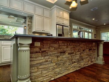 Kitchen Island With Brick Wall, Stone Veneer Kitchen Island, Stone Kitchen Island Ideas, Rock Kitchen Island, Rock Kitchen, Timber Frame Kitchen, Kitchen Island Design Ideas, Mid Century Modern Kitchen Remodel, Stone Kitchen Island