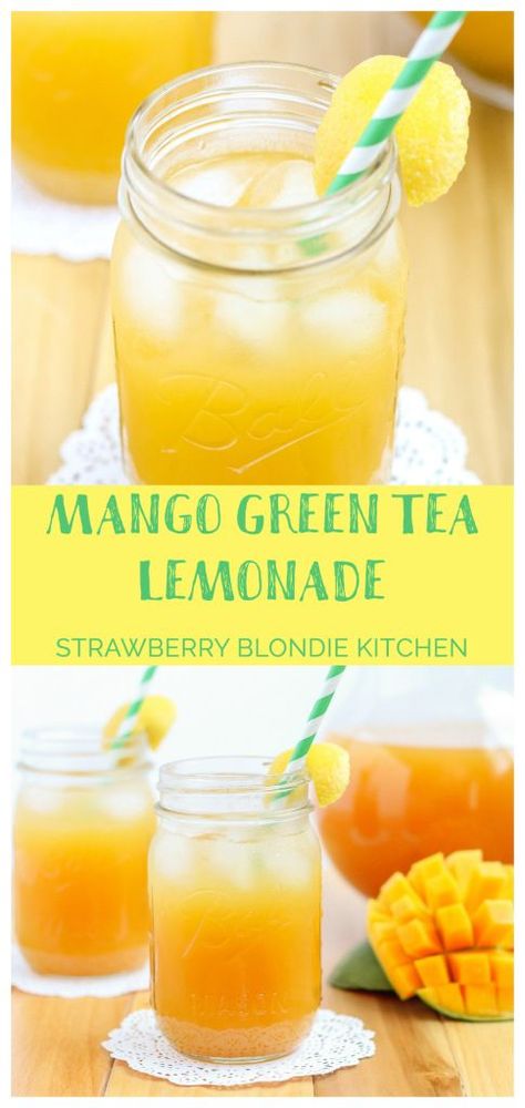 This Mango Green Tea Lemonade is the perfect thirst quencher for those long hot days of summer. Sweet mangoes pair perfectly with sour lemons and the bright taste of green tea making this drink both refreshing and addictive - Strawberry Blondie Kitchen Strawberry Blondie, Mango Green Tea, Green Tea Lemonade, Green Tea Recipes, Tea Lemonade, Tea Making, Iced Tea Recipes, Kitchen Recipe, Lemonade Recipes