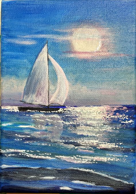 "Peaceful Sail" Easy acrylic painting. 5x7" stretched canvas. Sailing Acrylic Painting, Boat In The Sea Painting, Sailboat Painting Easy, Sail Boat Paintings On Canvas, Boat Painting Easy, Boat Painting Simple, Pastel Painting Ideas Easy, Sail Boats Painting, Boat Acrylic Painting