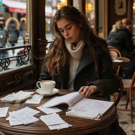 Studious Cafe Ambiance: Young woman engrossed in reading at a cozy cafe surrounded by papers and a warm drink. #woman #reading #cafe #coffee #papers #aiart #aiphoto #stockcake ⬇️ Download and 📝 Prompt 👉 https://ayr.app/l/ZxeS Coffee Shop Graduation Pictures, Sipping Coffee Pose, Woman Reading Book Photography, Girl Drinking Coffee Aesthetic, Reading In Coffee Shop, Young Woman Aesthetic, Reading In Cafe, Cafe Girl Aesthetic, Dark Academia Aesthetic Girls