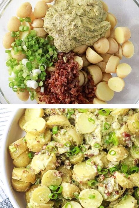 Make this quick and easy potato salad recipe for summer bbq or party. Simple easy pesto potato salad recipe for dinner side dish. Pesto Potato Salad Recipe, Potato Salad Simple, Quick Potato Salad, Simple Potato Salad, Imagine Ideas, Easy Potato Salad Recipe, Pesto Potato Salad, Beautiful Meals, Prep Salad