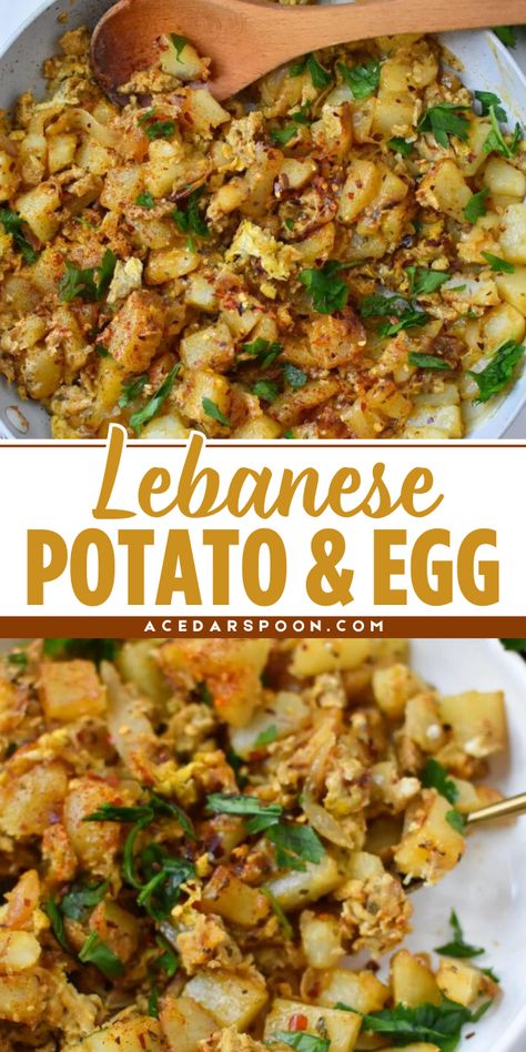 This Lebanese Potato and Egg is an easy summer BBQ side dish that starts with eggs, potatoes with onion, garlic, warm Mediterranean spices, and fresh parsley. It also makes the best 4th of July food! Lebanese Potatoes And Eggs, Easy Egg Dishes Dinners, Vegetarian Recipes With Eggs, Egg Recipes Vegetarian, Halal Brunch Ideas, International Potato Recipes, Potato Recipes Entree, Mediterranean Diet Potato Recipes, Potatoes And Eggs Recipes Dinners