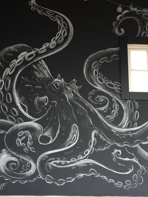 Octopus Mural, Sketching People, Chalkboard Wall Art, Chalk Wall, Painting Walls, Octopus Art, Wall Drawing, Chalkboard Wall, Chalkboard Art