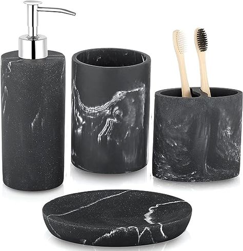 ZCCZ Bathroom Accessories Set Complete, 4 Piece Marble Pattern Accessories Toothbrush Holder Set Bath Accessories Set with Soap Dispenser, Toothbrush Holder, Tumbler, Soap Dish Apartments Bathroom, Bathroom Vanity Accessories, Marble Bathroom Vanity, Bathroom Vanity Tray, Bad Set, Bathroom Tumbler, Counter Top Accessories, Bathroom Accessories Set, Vanity Accessories