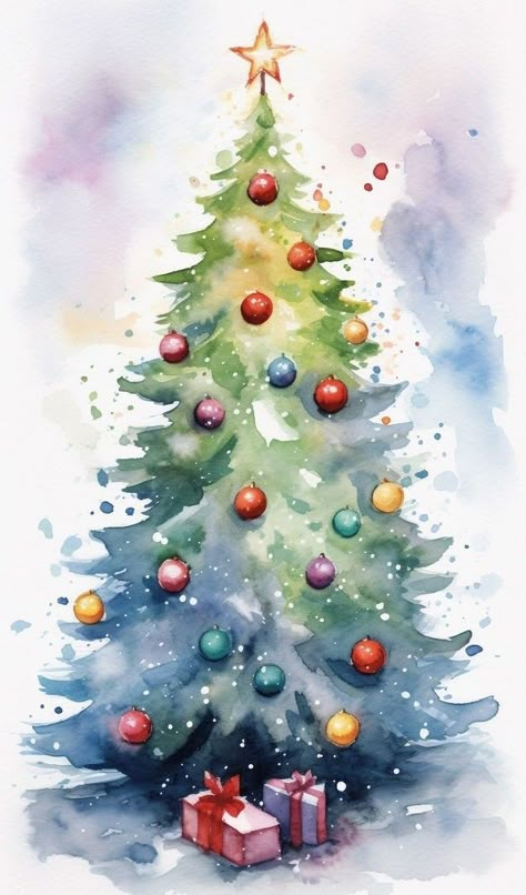 Watercolor Christmas Cards Diy, Winter Wallpapers, Painted Christmas Cards, Christmas Canvas Art, Watercolor Christmas Tree, Watercolor Winter, Christmas Tree Art, Beauty Of Winter, Christmas Tree Painting