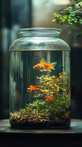 ↑↑↑ Larger size on website 🔸 A single goldfish swims in a glass jar filled with water and small green plants. The jar rests on a Light Filters, Out Of Focus, The Jar, Simple Beauty, Wooden Table, Wooden Tables, Green Plants, Goldfish, Glass Jar