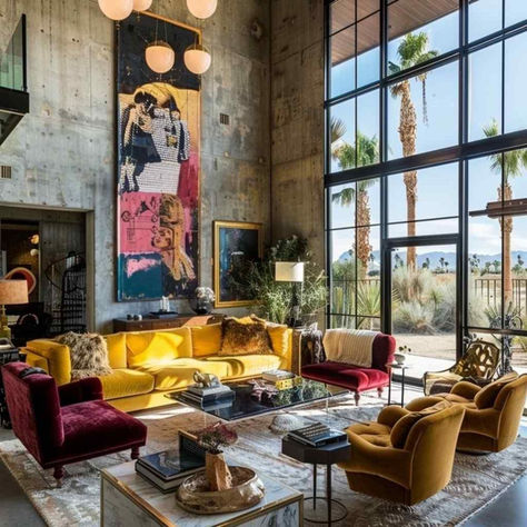 68 Living Spaces Infused with Industrial-Glam Boldness Industrial With Color, Funky Industrial Interior Design, Industrial Pop Art Interior, Maximalist Industrial Decor, Neo Industrial Interior, Colorful Industrial Interior, Exposed Brick Walls Living Room, Industrial Glam Living Room, Urban Eclectic Decor