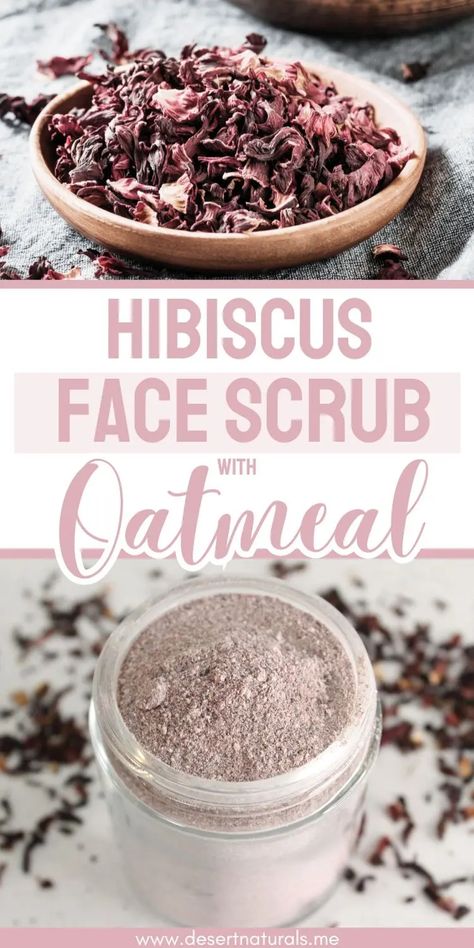 jar of homemade hibiscus face scrub with oatmeal and a bowl of dried hibiscus flowers Natural Face Scrub For Acne, Exfoliating Face Scrub Diy Recipes, Hibiscus And Honey Firming Cream Diy, Facial Scrubs Diy Exfoliating, Exfoliating Face Scrub Diy, Diy Exfoliating Face Scrub, Diy Facial Scrub, Oatmeal Face Scrub, Scrub Recipe Diy