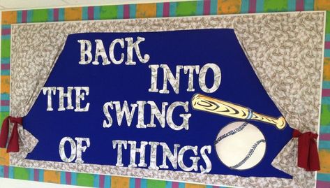 Baseball Theme Board-Back into the Swing of Things Baseball Classroom, Sports Bulletin Boards, School Sports Theme, School Year Themes, School Wide Themes, Sports Classroom, Sports Theme Classroom, Bullentin Boards, Team Theme