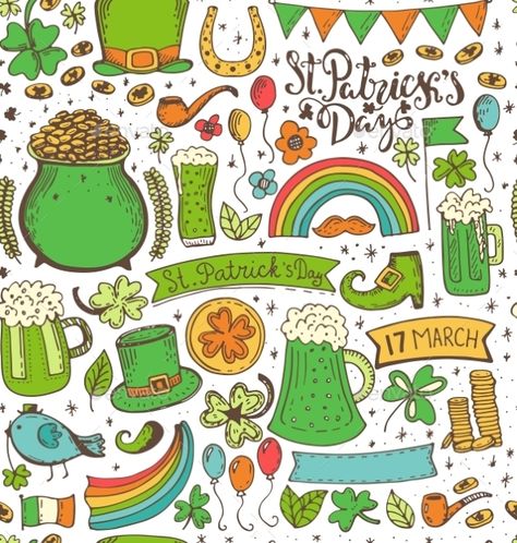 St. Patricks Day sketch seamless pattern. Hand drawn vectorillustration on white background. Santos, Patrick Drawing, Sant Patrick, San Patrick Day, St Patricks Day Wallpaper, Chalkboard Art Quotes, Saint Patricks Day Art, Vector Symbols, San Patrick