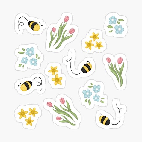 Get my art printed on awesome products. Support me at Redbubble #RBandME: https://www.redbubble.com/i/sticker/Cute-Spring-Bee-Tulips-and-Daffodils-Flower-Pattern-Digital-Illustration-by-AlmightyClaire/76594900.JCQM3?asc=u Cute Spring Stickers, Tulip Illustration Cute, Spring Stickers Aesthetic, Spring Drawings Ideas Art, May Stickers, April Stickers, Cute Flower Stickers, Spring Flowers Illustration, Spring Doodles