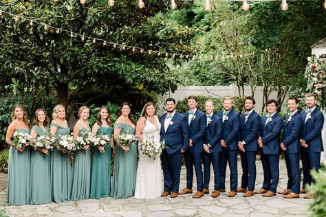 Eucalyptus And Navy Wedding, Summer Wedding Party Attire, Spring Wedding Party, Navy Blue Groomsmen, Rose Color Palette, Blue Groomsmen, Sage Green Tie, Navy Suits, Springtime Wedding