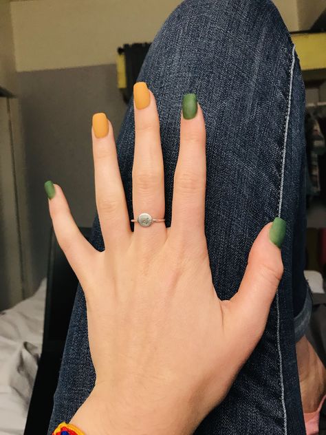 Short Green And Yellow Nails, Orange Yellow And Green Nails, Green Yellow Nails Ideas, Green And Yellow Fall Nails, Dark Green And Yellow Nails, Green And Mustard Nails, Dip Powder Nails Autumn, Fall Yellow Nails Acrylic, Autumn Yellow Nails