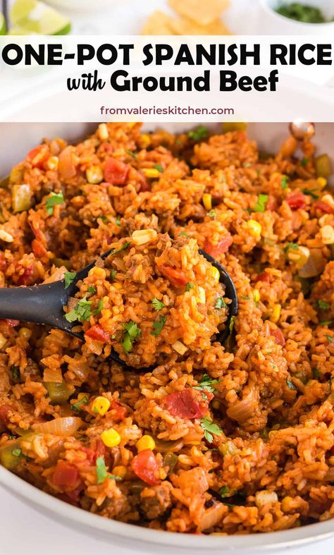 This easy one-pot Spanish Rice with Ground Beef is an excellent side dish choice or add your favorite toppings for an economical, family-friendly meal. #spanishrice #rice #onepot #sidedish Essen, Spanish Rice With Ground Beef, Mexican Beef And Rice Skillet, Rice With Ground Beef, Rice And Beef, Grain Dishes, Mexican Entrees, Bowls Recipes, Spanish Rice Recipe