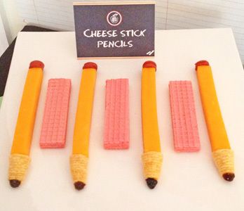 Back to School cheese pencils-So cute and easy to make! Pink Wafers, School Snack Ideas, Classroom Snacks, Cheese Stick, Kid Snacks, Clean Eating Lunch, Creative Snacks, Preschool Snacks, Back To School Party