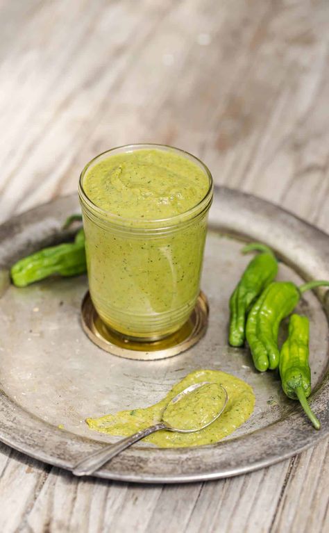 Avocado Green Sauce, Shishito Pepper Recipe, Asian Veggies, Shishito Pepper, Green Sauce Recipe, Pepper Sauce Recipe, Shishito Peppers, Grilled Oysters, Green Sauce