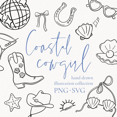 Bachelorette Illustration Art, Cowgirl Coastal Aesthetic, Coastal Cowgirl Art, Coastal Cowgirl Party, Last Toast On The Coast Bachelorette, Cowgirl Illustration, Coast Cowgirl, Coastal Cowgirl Bachelorette, Toast On The Coast Bachelorette