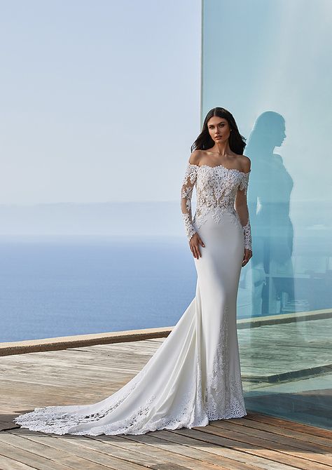 Wedding Dresses Mermaid Off The Shoulder, Illusion Wedding Dress, Long Wedding Dress, Feminine Luxury, Pronovias Wedding Dress, Destination Wedding Dress, Wedding Dress Train, Lace Mermaid, Ivory Wedding Dress