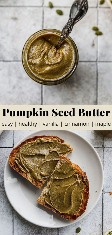 This homemade pumpkin seed butter is so delicious, easy to make, and nutritious. It’s paired with warming flavours like vanilla, cinnamon, and maple. Post includes a handful of ways to use it, too! Pumpkin Seed Butter Recipes, Making Pumpkin Seeds, Easy Pumpkin Seeds, Walder Wellness, Homemade Pumpkin Seeds, Pumpkin Seed Recipes, Pumpkin Seed Butter, Homemade Ideas, Raw Pumpkin Seeds