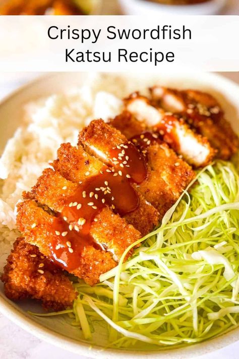 If you're looking for a new,  irresistible way to serve swordfish, welcome to the wonderful world of Crispy Swordfish Katsu. This classic Japanese recipe coats fish in shatteringly crisp panko crumbs, pan fries the fish, then serves with a savory-sweet-tangy Katsu Sauce (link to easy sauce included!) It's a fantastic way to serve this meaty fish in a way your whole family will love! Pin this to your favorite recipe board today. Fried Swordfish Recipes, Triggerfish Recipe, Sides For Swordfish, Recipes For Swordfish Steaks, Kingfish Recipe, Easy Swordfish Recipes, Japanese Swordfish Recipes, Fish Katsu, Swai Fish Recipes