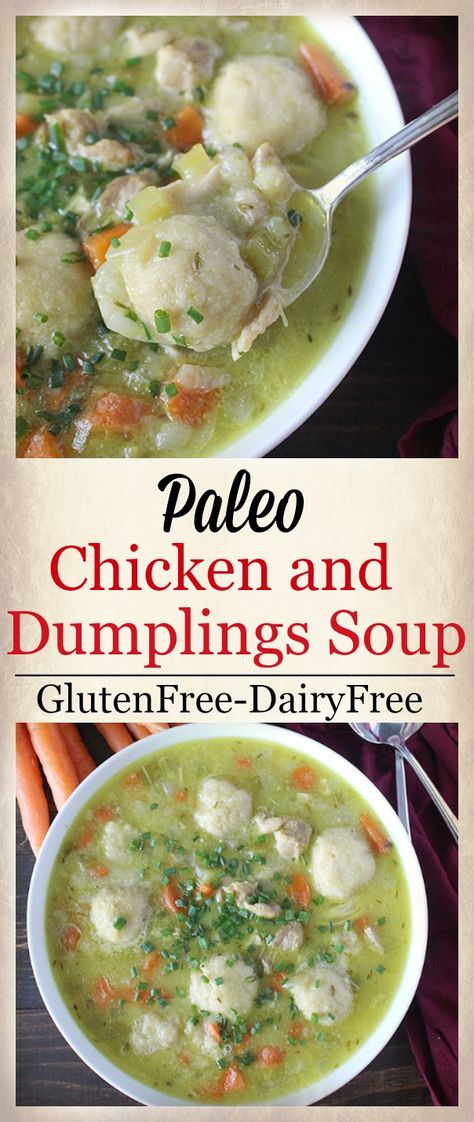 Paleo Chicken and Dumplings Soup - Real Food with Jessica Paleo Dumplings, Paleo Chicken Soup, Chicken Dumpling Soup, Paleo Soup, Paleo Meal Plan, Dumplings For Soup, Paleo Diet Recipes, Soup Diet, Paleo Lunch