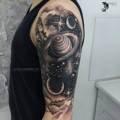 Galaxy tattoo black and white. Tattoo Of Universe, Blackwork Galaxy Tattoo, Tattoos Space Galaxy, Space Planets Tattoo, Sleeve Tattoos Space, Space Themed Sleeve Tattoo, Universe Back Tattoo, Galaxy Tattoo Black And White, Space Tattoo Sleeve For Women