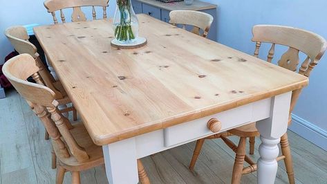 Pine Furniture Makeover, Chalk Wall Paint, White Washed Pine, Dining Table Makeover, Pine Dining Table, Stain On Pine, Pine Kitchen, Wooden Floorboards, Off White Paints