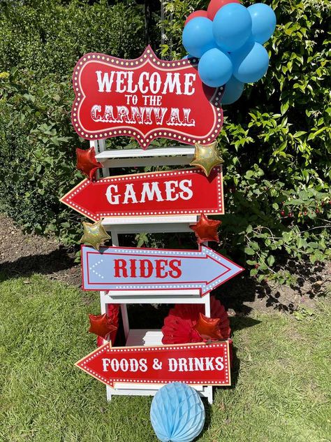 Ayden’s Carnival | CatchMyParty.com Carnival Birthday Party Ideas, Carnival Birthday Invitations, Carnival Party Decorations, Circus Birthday Party Theme, Carnival Birthday Party Theme, Carnival Birthday Party, Carnival Decorations, Boys First Birthday Party Ideas, Kids Carnival