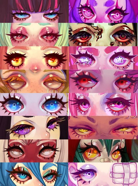 Art Eye Styles, Eye Styles Art, Different Eye Drawing Styles, Different Eye Styles Drawing, Pretty Anime Eyes, Eyes In Different Art Styles, Multiple Eyes Character, Eye Design Drawing, Oc Eyes Ideas