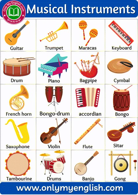 Musical Instruments Name List a-z Notes Pictures, Amazon Toys, Musical Instruments Drawing, Instrument Families, Kids Musical Instruments, All Music Instruments, Flashcards For Kids, French Horn, English Lessons For Kids