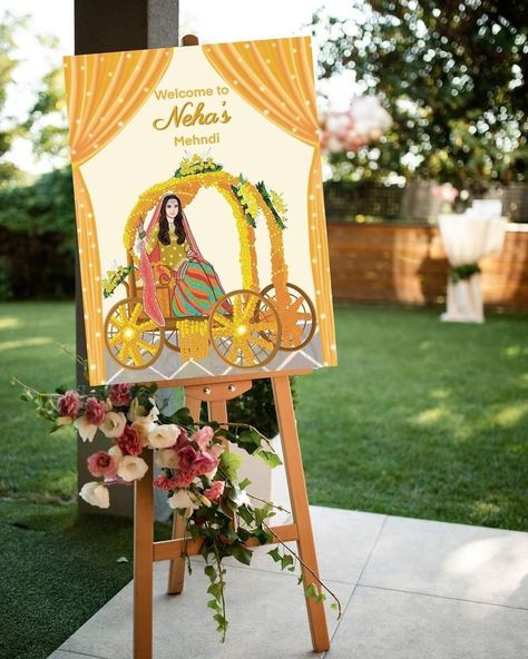 Haldi Decore Idea, Mehendi Board Decor, Mehandi Decorations Ideas, Sangeet Board Ideas, Mehndi And Haldi Decor, Mehndi Board Ideas, Desi Wedding Decor Mehndi Stage, Mehndi Ideas Decor, Haldi Event Ideas