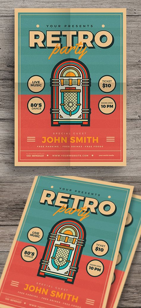 Modern Retro Jukebox Party Flyer Retro Night Poster, Modern Retro Poster Design, Retro Flyer Design, Retro Brochure, Booklet Designs, Vintage Flyer, Vintage Brochure, Retro Night, Brand Guidelines Template