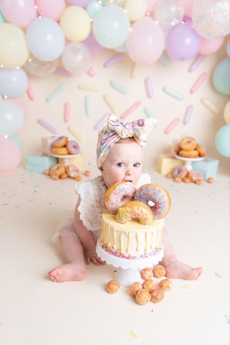 Donut Cake Smash, Half Birthday Party, Half Birthday Cakes, 2nd Birthday Photos, Baby First Birthday Themes, Candy Theme Birthday Party, Cake Smash Theme, Donut Themed Birthday Party, Sunshine Photography