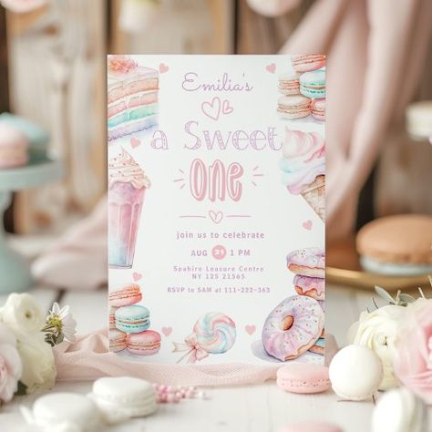 $2.04 | Candy Sweet One girl 1st birthday - 1st birthday, pastel, pink, birthday party, watercolor, candy, sweet one, ice cream, macarons, sweet treats Pastel Pink Birthday Party, Sweet One First Birthday, Cream Macarons, Sweets Birthday, One Year Birthday, Birthday Party Design, Girl 1st Birthday, Candy Sweet, 1st Birthday Invitation