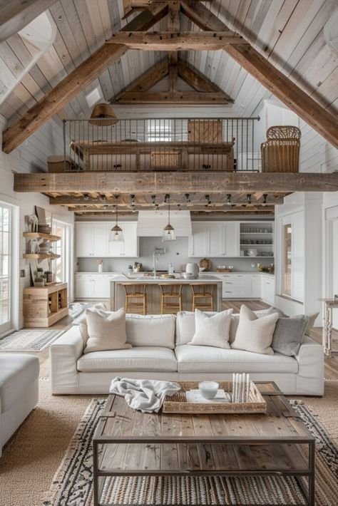 Country Home Barndominium, Interior Design Country Modern, Barndominium Kitchen And Living Room, Bardominum White, Country Interior Design Farmhouse Style, Barniminium Homes Rustic, Inside Barndominium Ideas, Country Style House Decor, Boho Barndominium