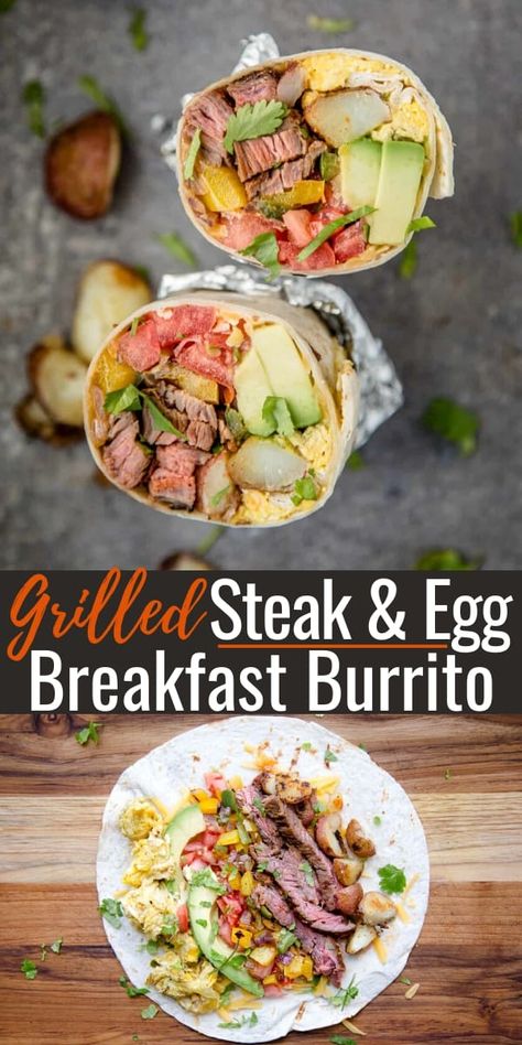 This easy breakfast burrito has all the classic flavors. From tender steak, fresh veggies, to crispy potatoes. This Steak and Egg Breakfast Burrito recipe is fantastic when cooked on a grill for that extra wood smoke flavor (but can easily be made on the stovetop too). Recipe With Steak, Grilled Breakfast, Breakfast Burrito Recipe, Healthy Breakfast Burrito, Grill Breakfast, Steak Breakfast, Burrito Recipe, Breakfast Burritos Recipe, Tender Steak