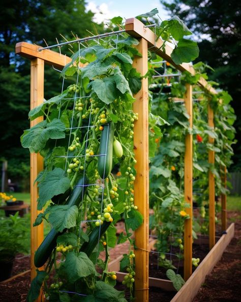 The right way to build a cucumber trellis (step-by-step guide) Raised Garden Bed Tomato Trellis, Trellis Tomato Plants, Cucumber Plants Trellis, Raised Bed With Trellis, Tomato Structure, Trellising Cucumbers, Veggie Trellis, Vegetable Garden Trellis Ideas, Tomato Plant Trellis