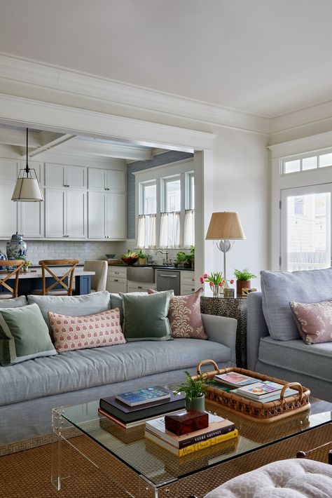 How To Style A Grey Couch With Color, Ballard Living Room, Living Rooms With Pops Of Color, Kitchen Island Behind Couch, 20x20 Family Room Addition, Classic Home Living Room, Maine Living Room, Sectional And Couch In Living Room, The Nester Myquillyn Smith Living Room