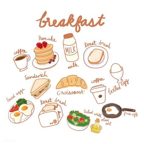 Illustration drawing style of food collection Food Doodles, 귀여운 음식 그림, Illustration Simple, Breakfast Meal, Stickers Kawaii, Cute Food Drawings, Plan Drawing, Drawing Style, Illustration Food