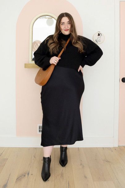 Plus size slip dress and turtleneck look #LTKcurves Plus Size Attorney Fashion, Plus Size Work Outfit Ideas, Plus Size Scandinavian Style, Sophisticated Plus Size Outfits, Curvy Black Outfit, Black Satin Skirt Outfit Plus Size, All Black Outfit Curvy, Quiet Luxury Plus Size, Fall Work Outfits For Women Plus Size