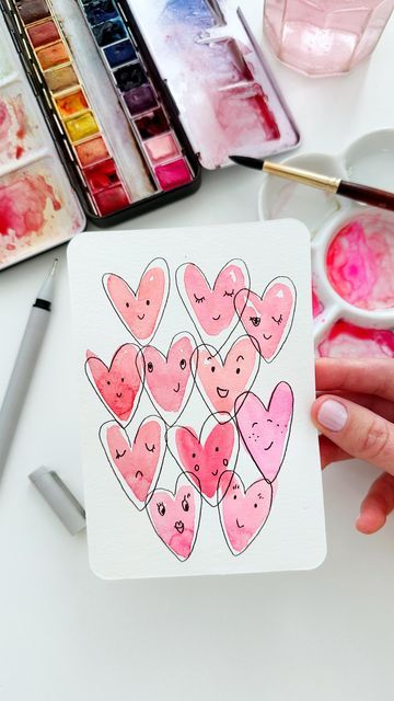 Diy Cards For Valentines Day, Doodles With Watercolor, Cute Watercolor Paintings For Boyfriend, Cute Doodles Watercolor, Watercolor Cards Diy Simple, Fun Easy Watercolor Paintings, Quick Easy Watercolor Ideas, Valentines Water Color Cards, Watercolor Cards For Beginners