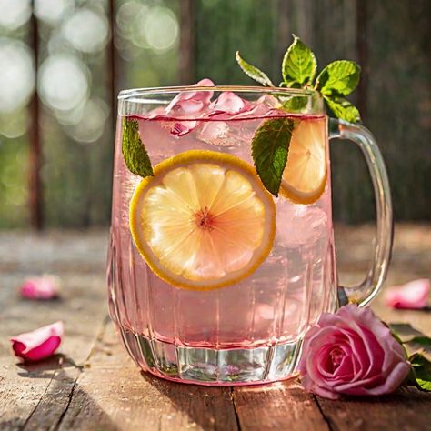 Aesthetic Drink, Rose Water Lemonade, Pink Lemonade Aesthetic, Rose Lemonade Aesthetic, Rose Water Drink, Rose Lemonade Cocktail, Pork Spices, Rose Drink, Spiced Vegetables