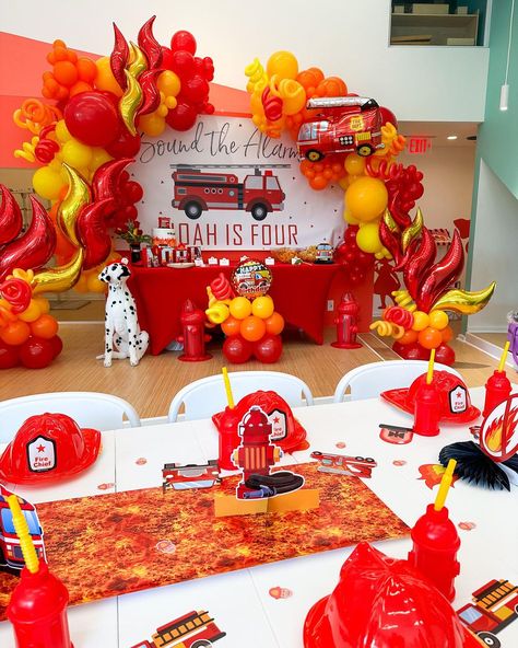 Sound the Alarm! Noah is Four! We were all fired up for this flaming hot fire truck themed birthday party. Happy Birthday Noah! | Instagram Fire Truck 2nd Birthday Party Ideas, Firefighter Theme Birthday Party, Firefighter Themed Birthday Party, Fireman Themed Birthday Party, Sound The Alarm Birthday Theme, Firetruck Birthday Party Ideas, Fire Truck Themed Birthday Party, Sound The Alarm Im 3 Birthday, Sound The Alarm Birthday