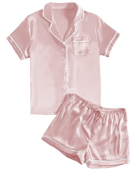 PRICES MAY VARY. Fabric: This satin 2piece pajamas set is made from high-quality satin, it's smooth, breathable and lightweight very comfortable for year round wear. Features: The silk sleepwear designed classic notch neck button front shirt top with chest pocket. And the short has comfy elastic waistband and adjustable drawstring and the loose fit and cozy style with beautiful detail that you can style from day to night. Unique design: Casual pajamas set is necessary for your around the house o Pink Silk Pajamas, Pijama Satin, Pink Pjs, Pijamas Women, Silk Pjs, Pink Pajama, Cute Pajama Sets, Pink Pajamas, Silk Sleepwear