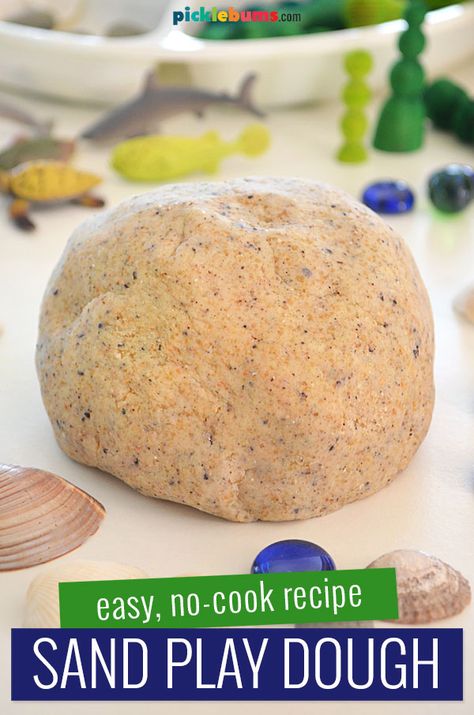 Easy No-cook Sand Playdough Recipe. - Picklebums Sand Dough Recipe, Textured Playdough, Ocean Theme Preschool Crafts, Ocean Activities For Preschool, Sand Kits, Ocean Playdough, Sand Playdough, Beach Preschool, Sand Activities